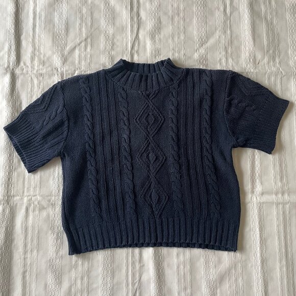 Campana Classics Vintage Mock Neck Cropped Short-Sleeve Cable Knit Sweater - Picture 1 of 3